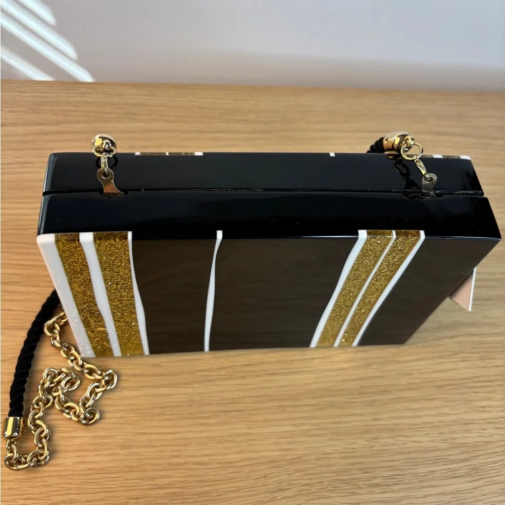 ISTI Acrylic Black White & Gold‎ Glitter Striped Bag NWT Chain/Rope Strap